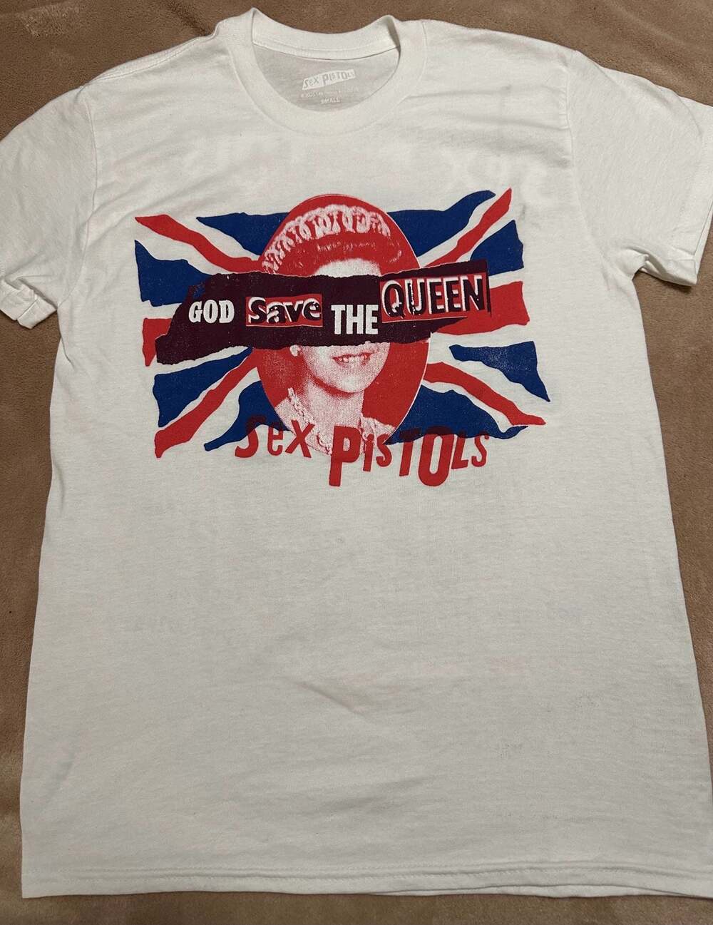 Sex Pistols God Save The Queen White Graphic T-Shirt w/Back Lyrics, Size Small
